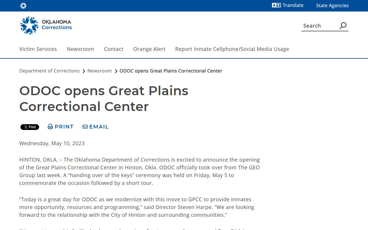 Great Plains Correctional Center ODOC inmate population opening announcement