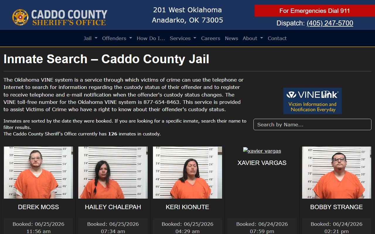 Caddo County inmate population jail roster search page