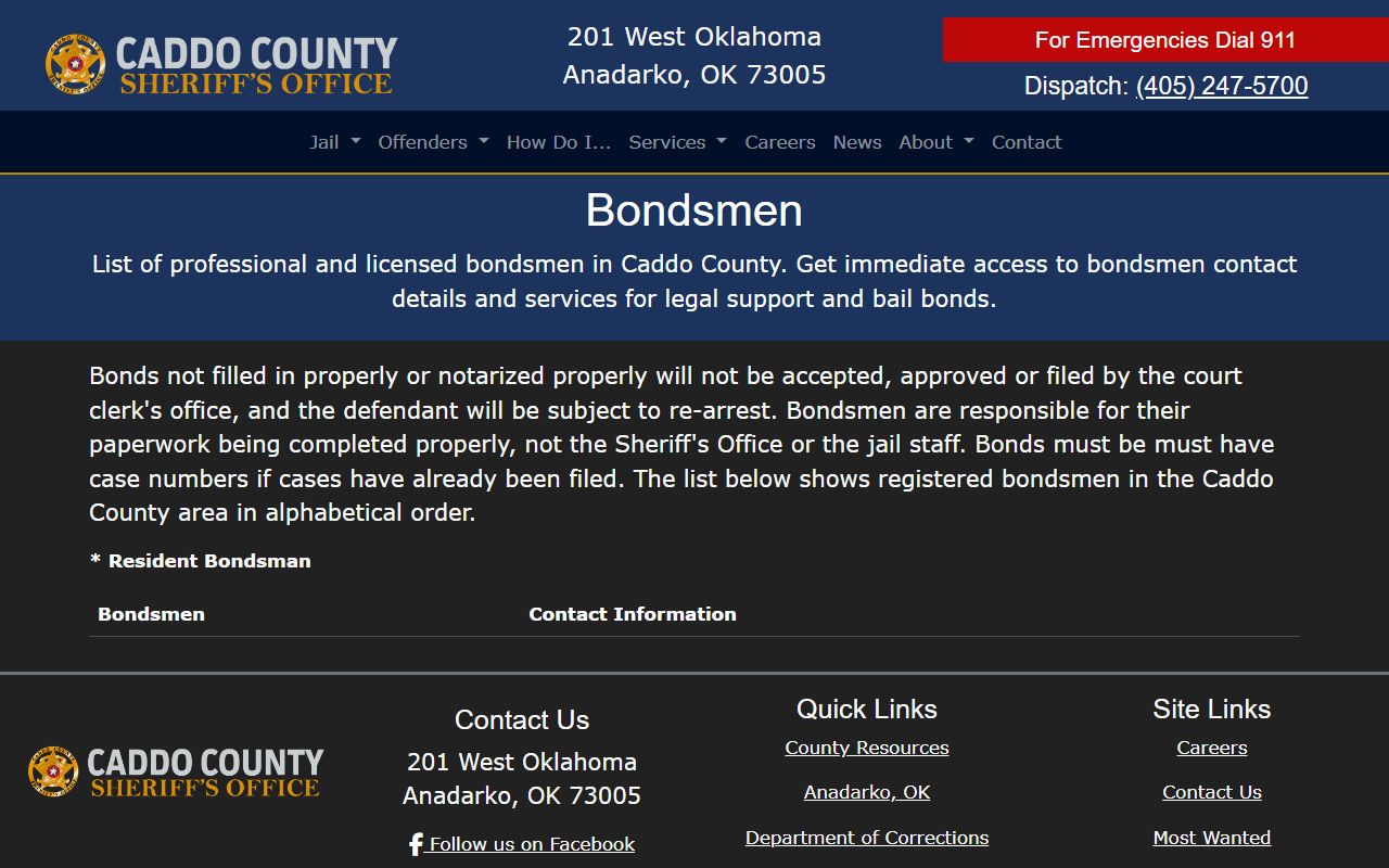 Caddo County inmate records bondsmen case number rule